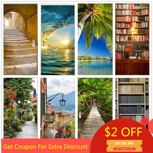 77x200cm 3D Beautiful Landscape Door Sticker For Living Room Bedroom DIY PVC Self Adhesive Wallpaper Waterproof Mural Decal